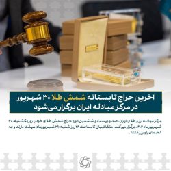 آخرین حراج تابستانه شمش طلا ۳۰ شهریور در مرکز مبادله ایران برگزار می‌شود
